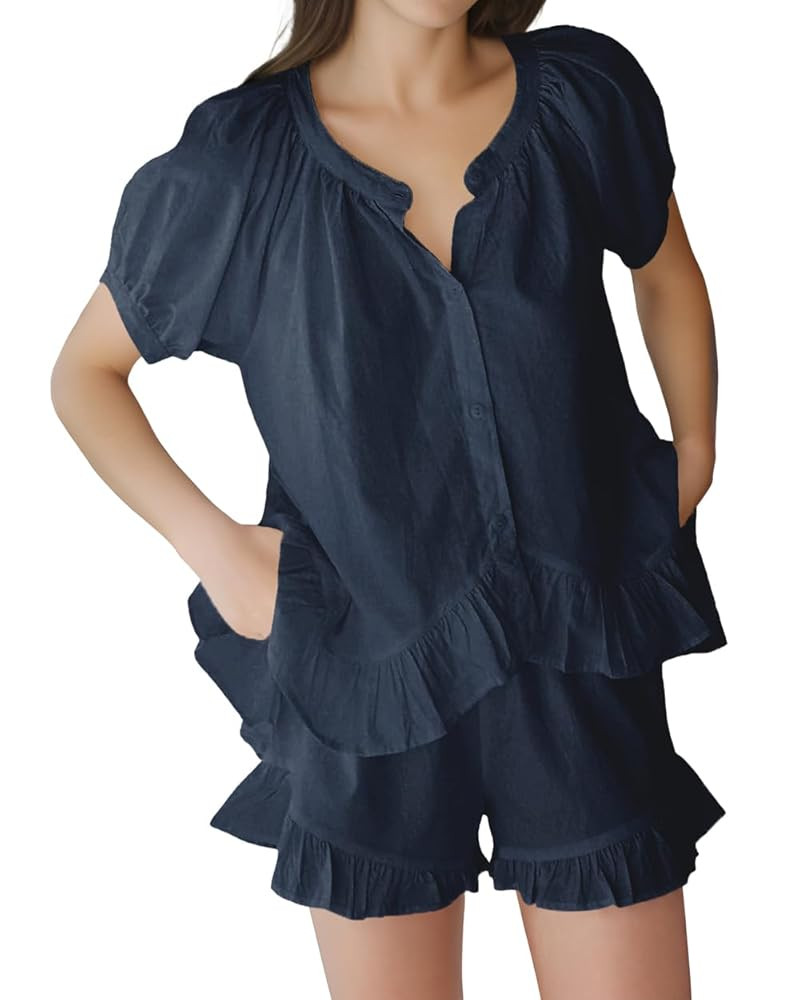 Womens Fashion Summer Short Sets Short Sleeve Button Down Ruffle Trim Top and Shorts Cotton Pajam... | Amazon (US)