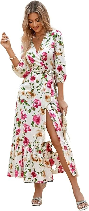 Women Summer Dresses 2023 V Neck Wrap Floral Print Lantern Sleeve Knot Side A-Line Maxi Dress | Amazon (US)
