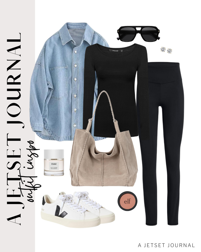 For the last outfit, wear a black OThread & Co. top, black SINOPHANT leggings, and this LifeShe denim jacket. These Veja Campo sneakers also go well with this look. To finish this fit, wear these SOJOS aviator sunglasses and these stud earrings. 

 #LTKSeasonal #LTKSaleAlert #LTKTravel