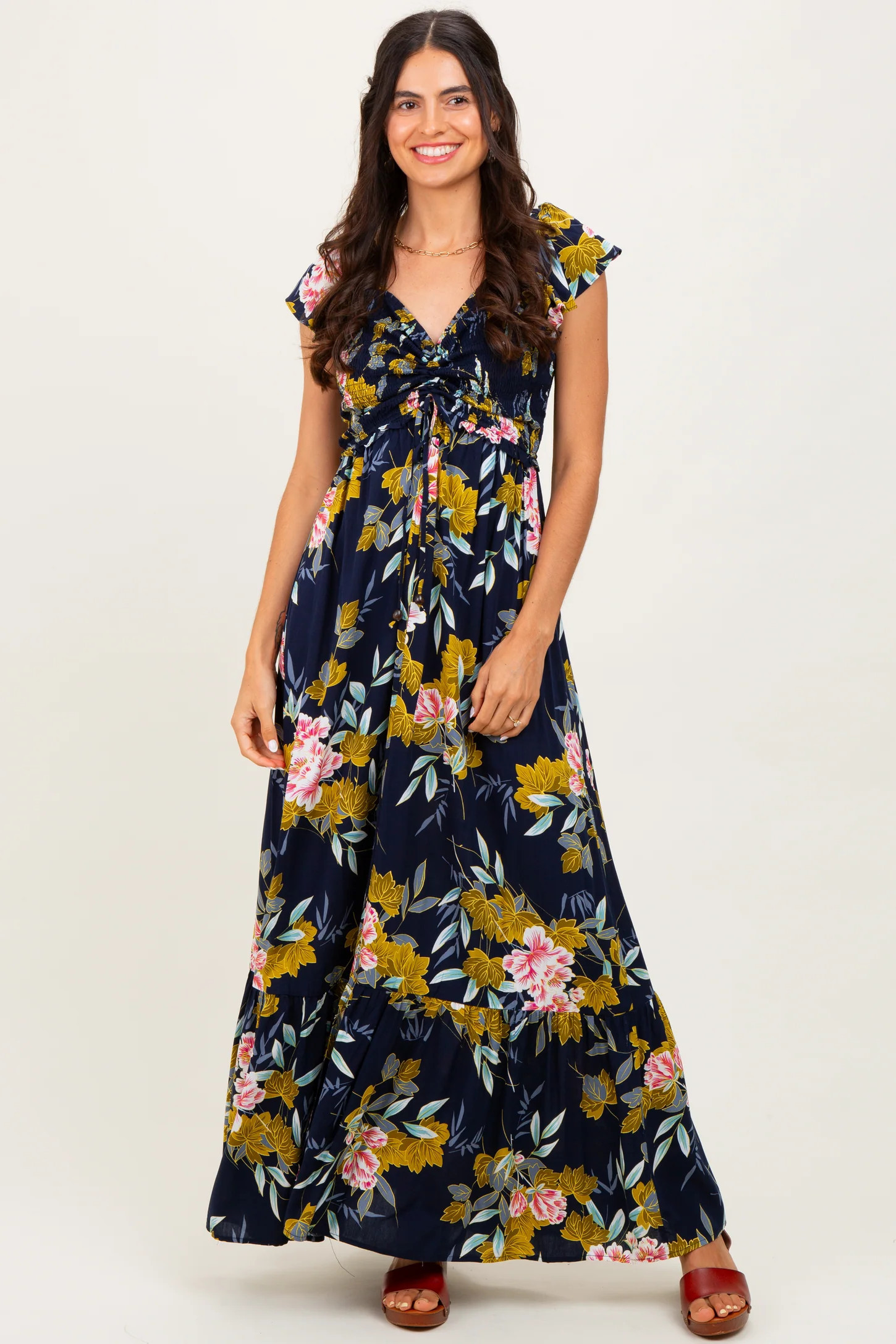 Navy Floral Smocked Cinched Top Maxi Dress | PinkBlush Maternity