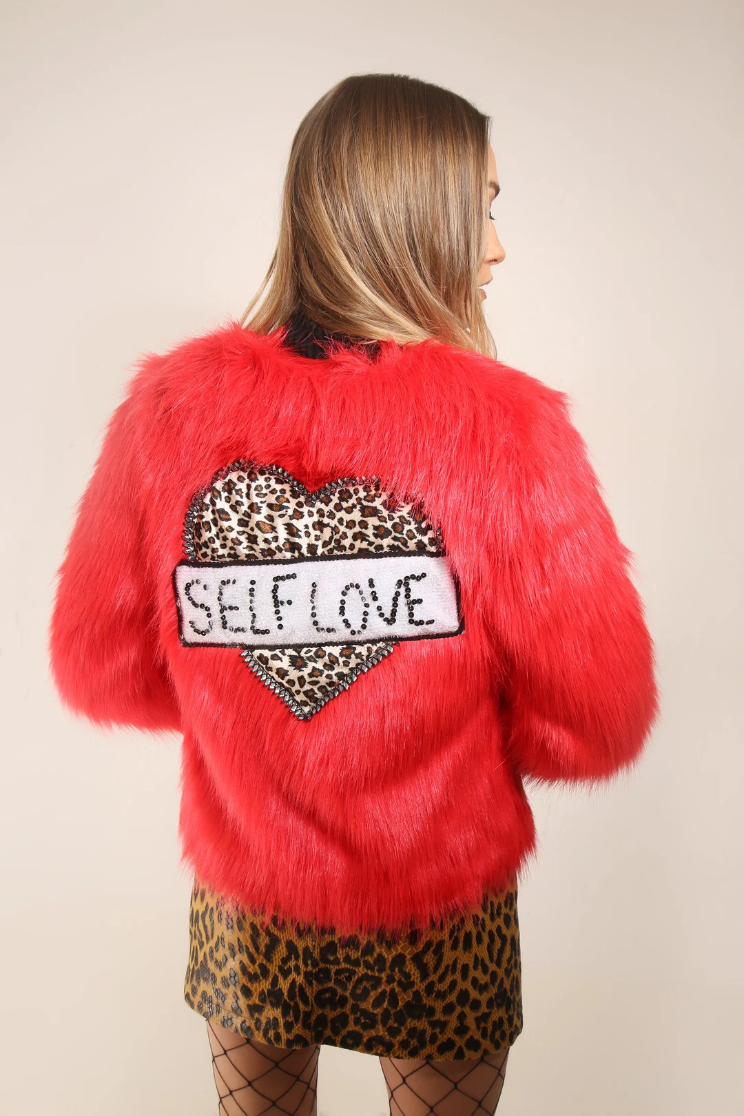Red Faux Fur Leopard Print Heart Self Love Jacket | Festival | Handmade | Party Christmas Festive... | Etsy (US)