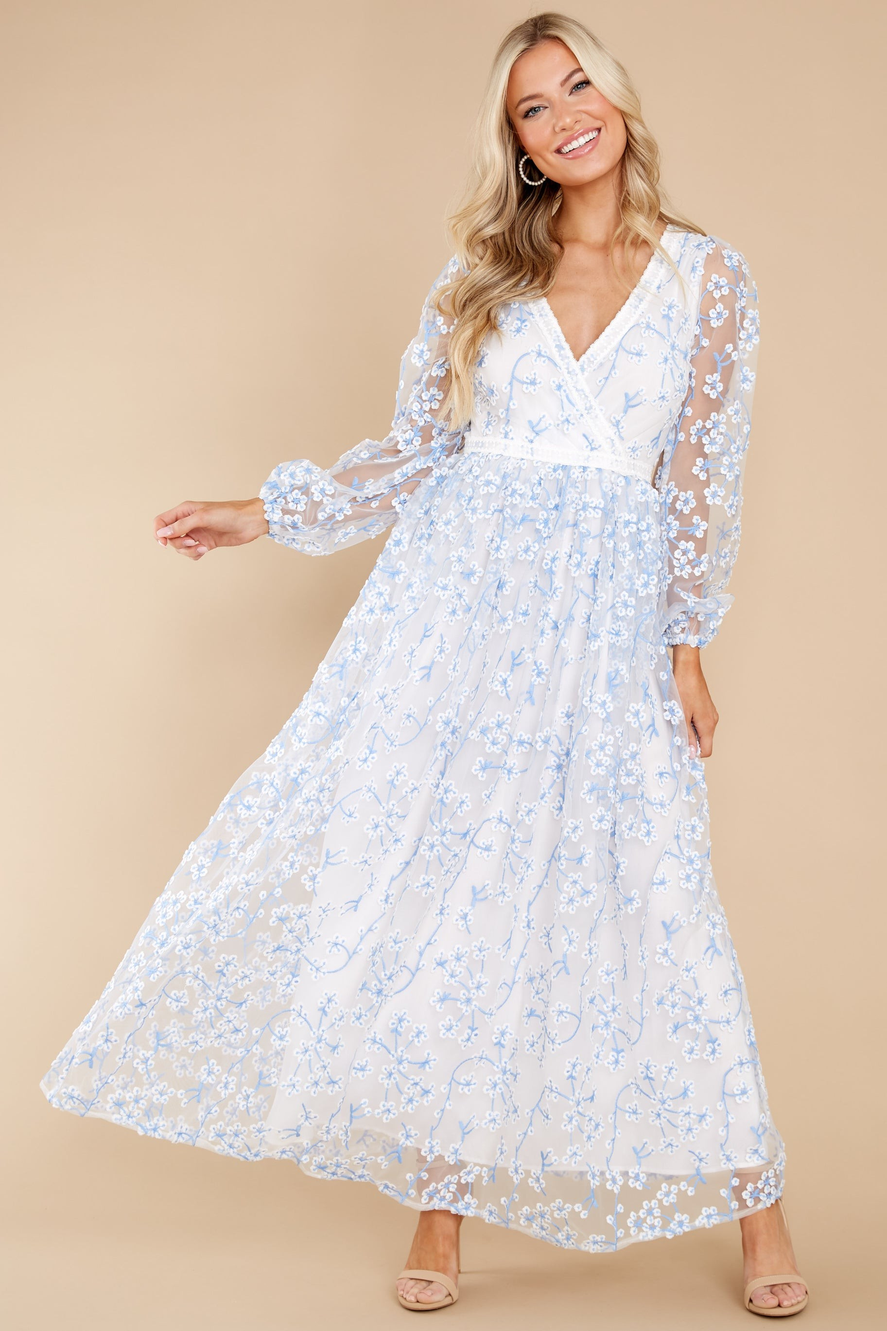 Heavenly Sights Blue And White Floral Embroidered Maxi Dress | Red Dress 