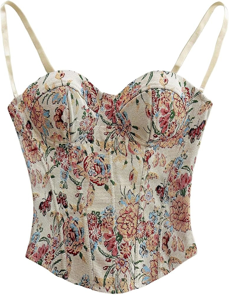 WDIRARA Women's Floral Corset Cami Top Spaghetti Strap Bustier Tops | Amazon (US)