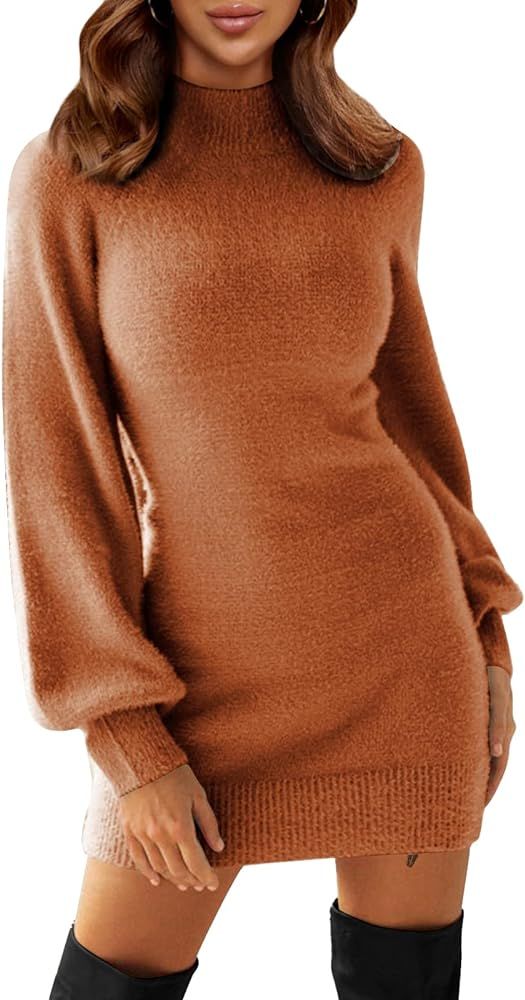 EXLURA Women's 2024 Mock Neck Ribbed Long Sleeve Bodycon Pullover Cute Mini Sweater Dress | Amazon (US)