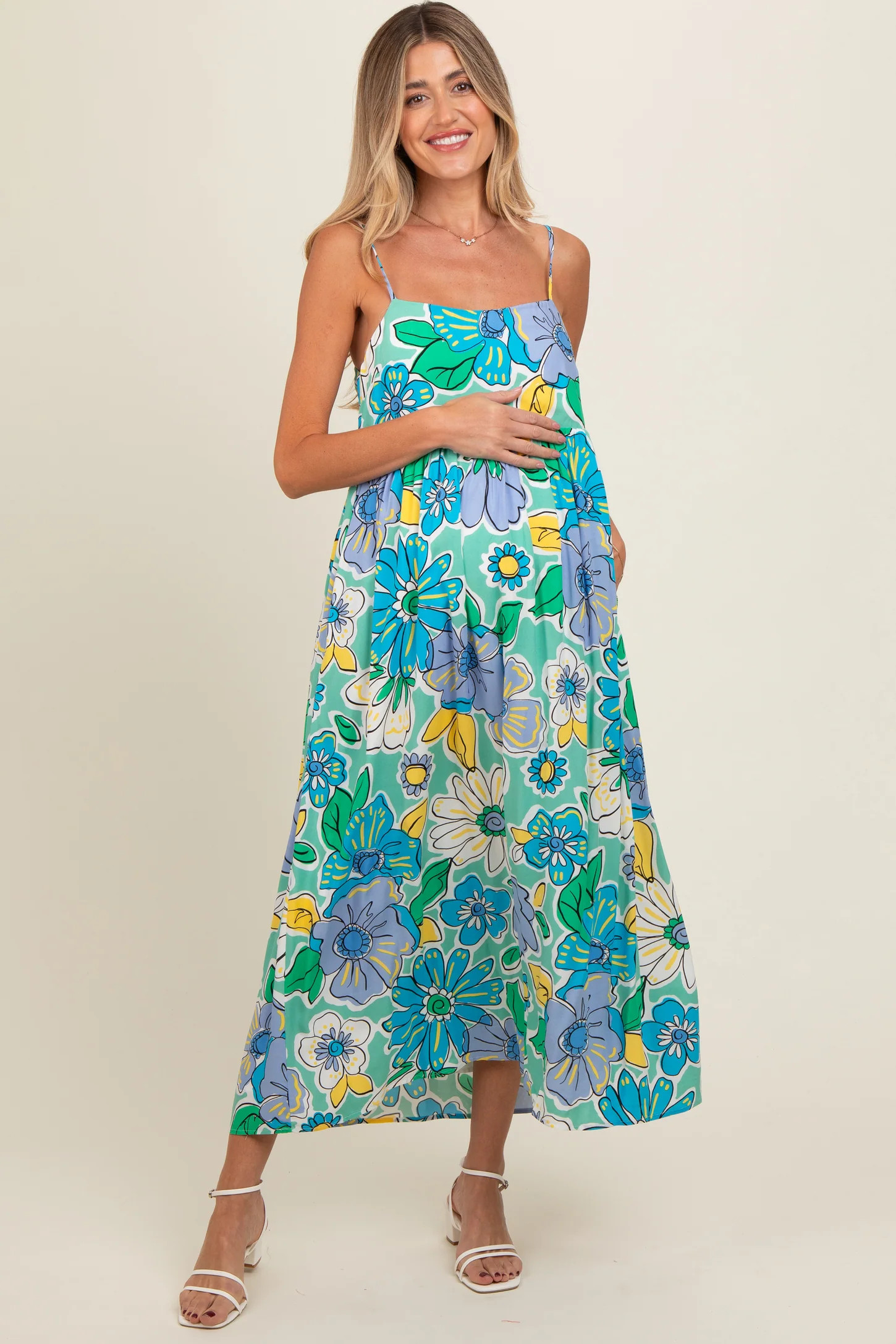 Green Floral Back Tie Maternity Midi Dress | PinkBlush Maternity