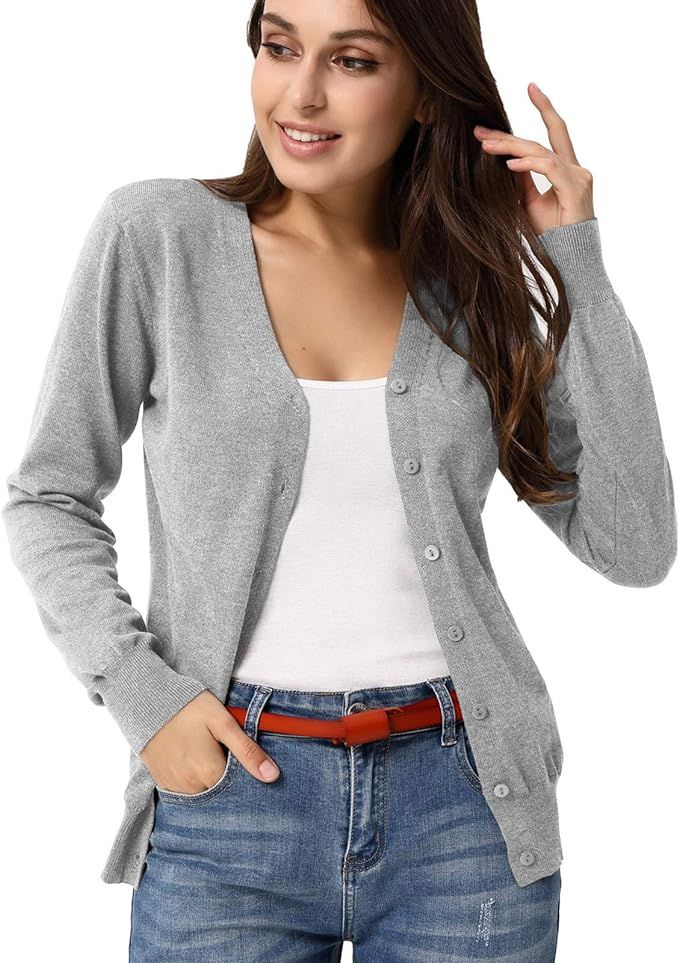 GRACE KARIN Women's Long Sleeve Button Down Vee Neck Classic Sweater Knit Cardigan | Amazon (US)