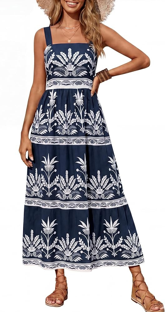 Simplee Womens Summer Boho Floral Maxi Dress Casual Flowy Sleeveless Square Neck Beach Vacation S... | Amazon (US)