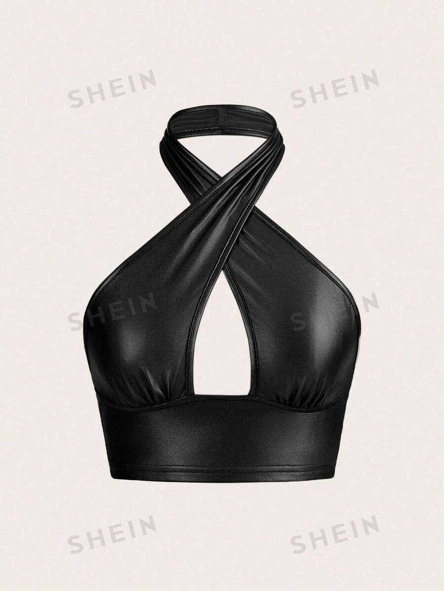SHEIN ICON Solid Criss Cross PU Leather Halter Black Top | SHEIN