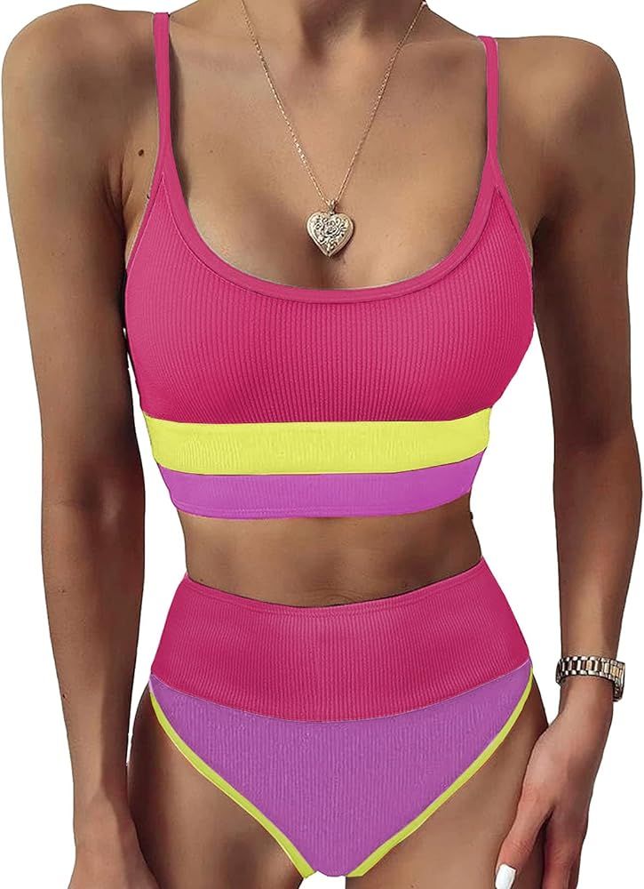 Herseas Women High Waist Bikini Color Block Striped Knit Ribbed Two Piece Bikini Swimsuits | Amazon (US)