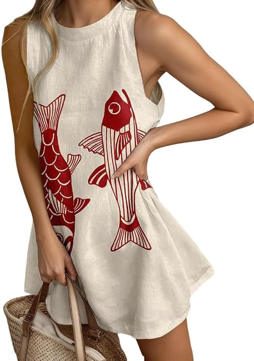 Womens Linen Tank Dress Summer Boho Beach Vacation Mini Dresses Casual Crewneck Novelty Animal Pr... | Amazon (US)