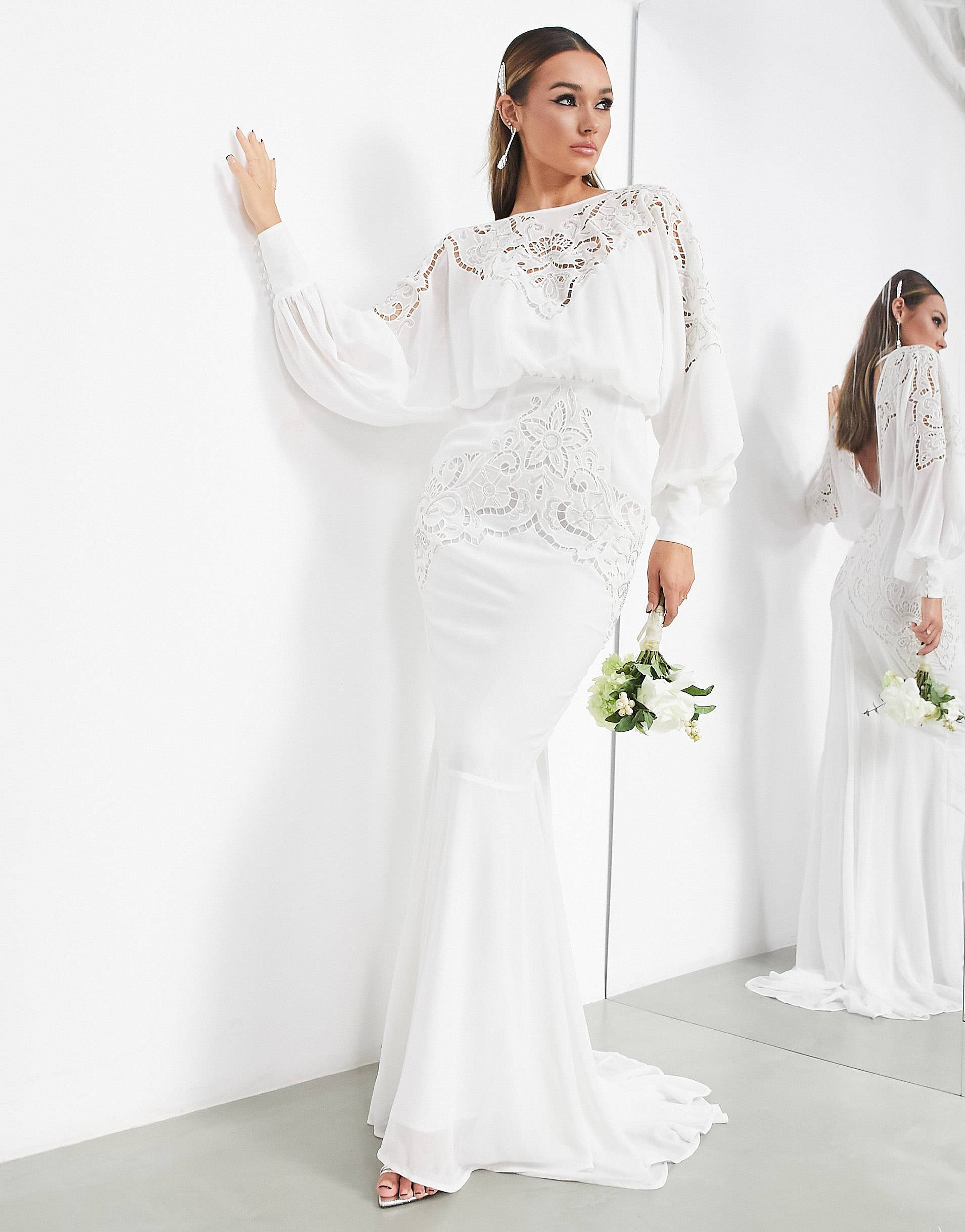 ASOS EDITION Ella blouson sleeve beaded cutwork wedding dress in cream | ASOS (Global)