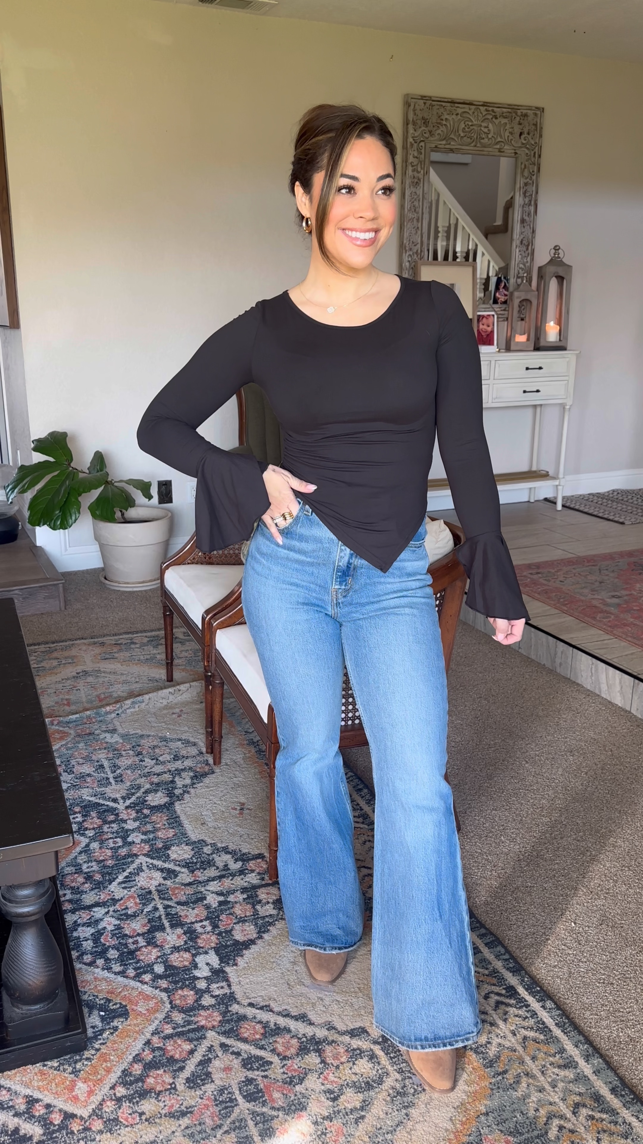 Mermaid sleeve black top is a two piece set from Amazon // Levi’s // boots // date night // country bar // easy outfit // elevated casual // classic // modest 

#LTKPetite #LTKStyleTip #LTKFamily