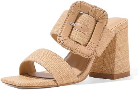 Ancomafio Womens Heeled Sandals Raffia Sandals Square Open Toe Chunky Block Heels Double Strap Su... | Amazon (US)