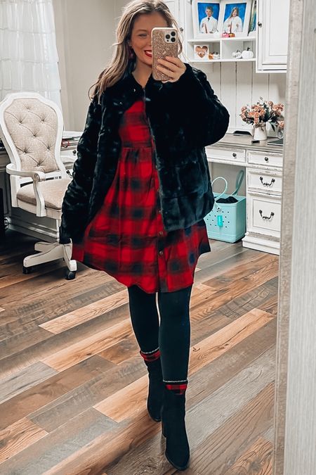 Love the Buffalo Plaid Dress from maurices! It is generous fir. I sized down to an XS. I paired it with this luxurious Faux Fur coat (wearing my regular small), fleece lined tights, the cutest plaid accessories and western booties! #ad 

#LTKstyletip #LTKsalealert #LTKHoliday