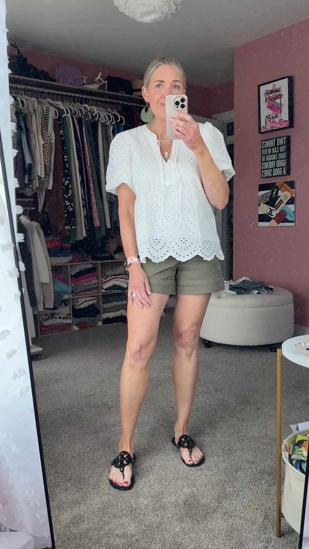 Cute summer outfit idea. Gibsonlook eyelet top wearing size xs. These Spanx twill utility shorts are super comfortable, wearing size xs. Tory Burch Miller Sandals are worth the investment. I’ve had these for 3 years and they’re still in perfect condition:

Use code DOUSEDINPINK for 10% off Melinda Maria and Spark’l Bands.





#LTKSeasonal #LTKFindsUnder100 #LTKOver40