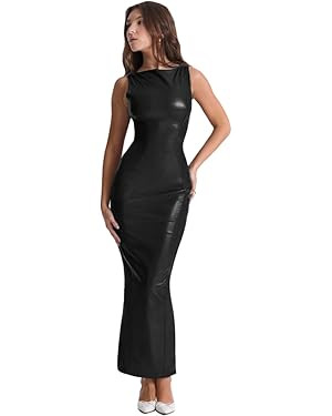 XLLAIS Women's Faux PU Leather Bodycon Maxi Dress Sexy Boatneck Tank Long Dresses | Amazon (US)