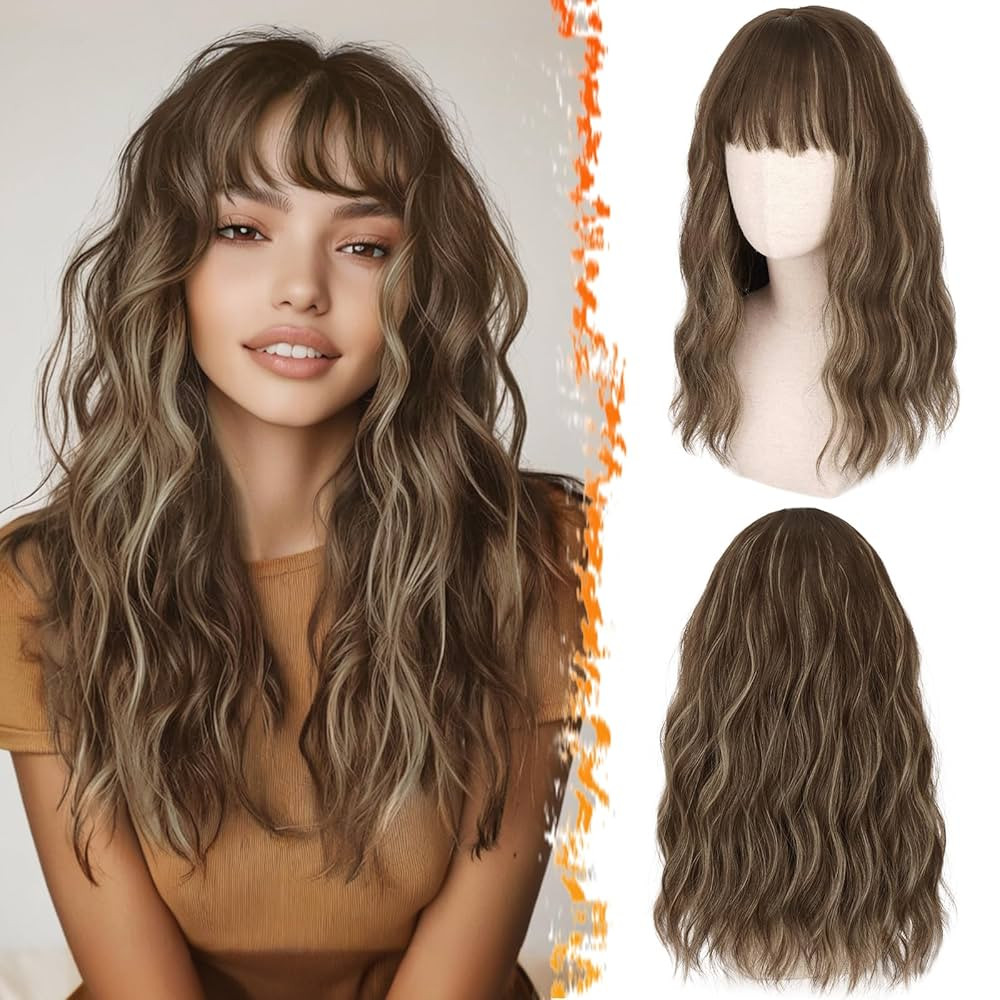BARSDAR Medium Length Brown Blonde Wig With Bangs - 18 Inch Wavy Brown Blonde Highlight Wig With ... | Amazon (US)