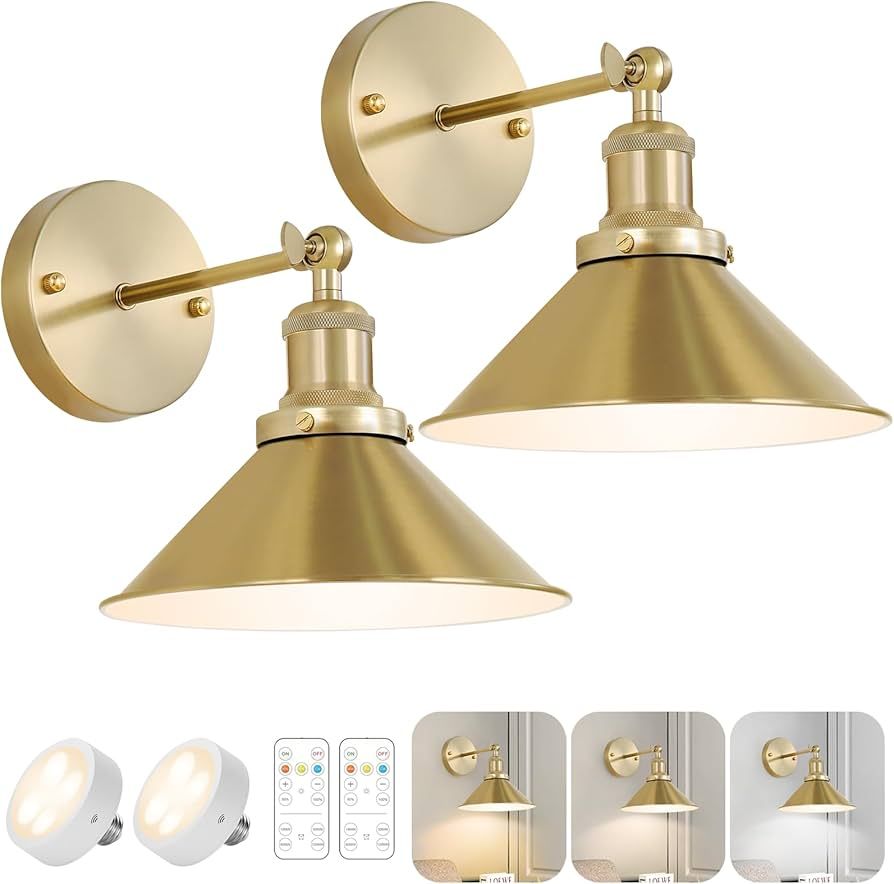 Gold Vintage Wireless Battery Operated Wall Sconces, Industrial Cordless Battery Powered Led Wall... | Amazon (US)