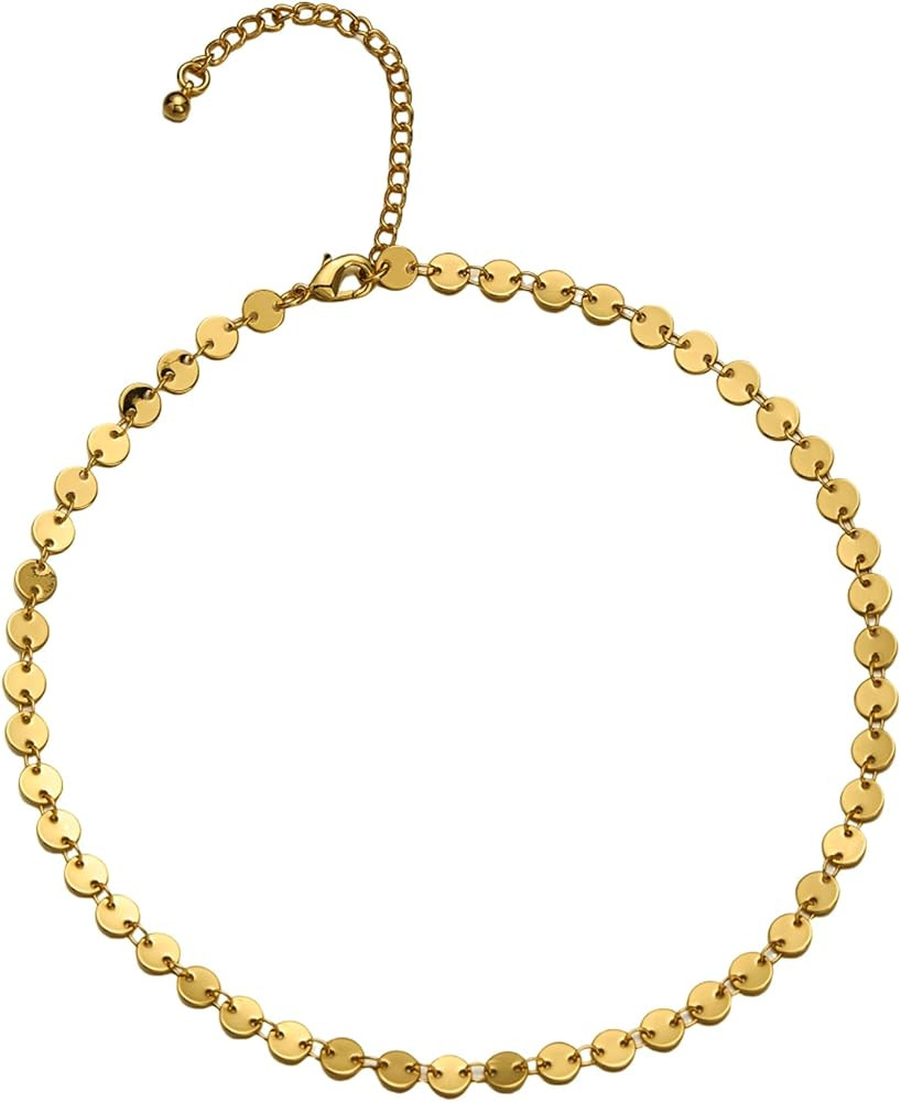 14K Gold Plated Sequin Choker Necklace for Women, Shimmering Disc Chain Necklace, Minimalist Smal... | Amazon (US)