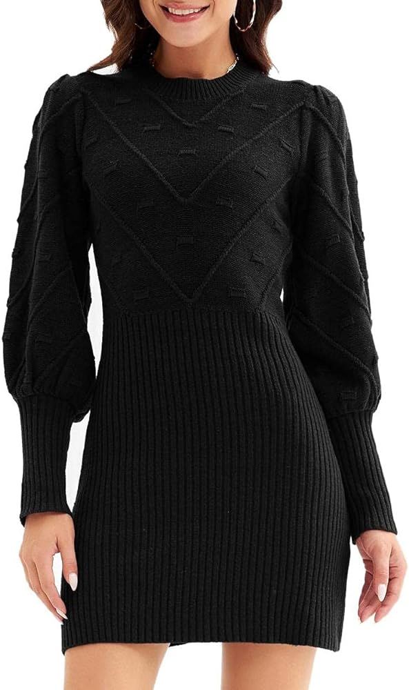 CURLBIUTY Women Ribbed Mini Dress Cable Knit Pullover Sweater Dress Black XXL | Amazon (US)