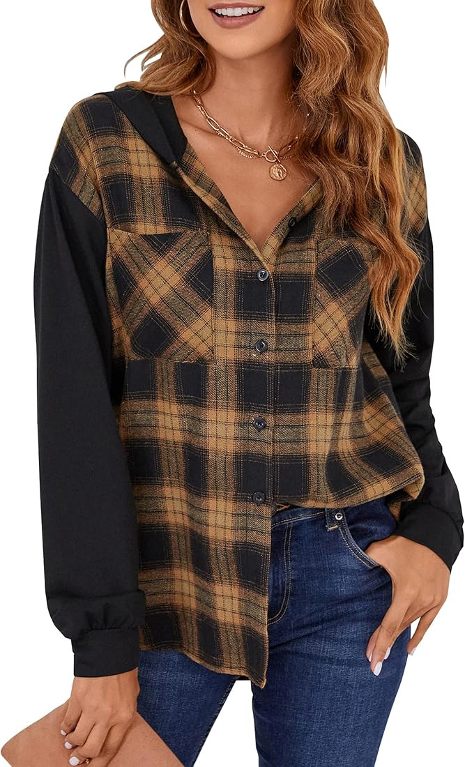 Blooming Jelly Womens Hooded Shacket Button Down Plaid Flannel Shirt Jacket Long Sleeve Color Blo... | Amazon (US)