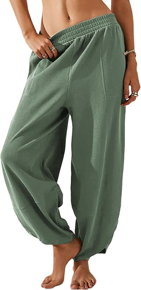 Himosyber Women Cotton Pants Wide Leg Pants Casual Loose Drawstring Low Waist Beach Palazzo Harem... | Amazon (US)