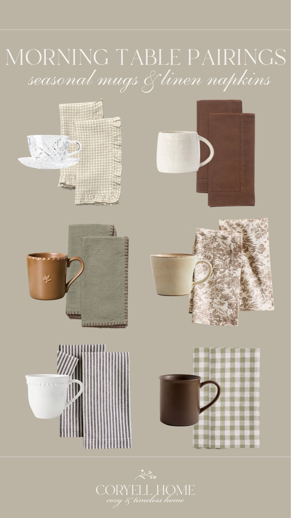 Morning table pairings 🤍☕️ Cozy coffee mugs and the prettiest linen napkin combinations. I love elevating my morning routine, and these finds are a sure way to do just that. 😌