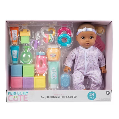 Perfectly Cute 24pc Baby Doll Deluxe Play and Care Set - Light Brown Hair | Target