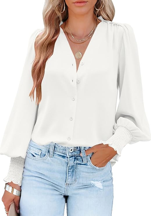 Aifer Womens Blouse Lantern Long Sleeve Dressy Casual Tops V Neck Button Down Shirts Blouses 2024 | Amazon (US)