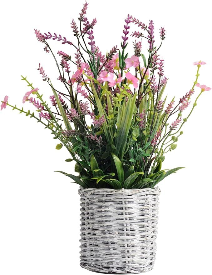 Mr. Bom Artificial Lavender Potted Plant, Pink Lavender with Small Flowers, Magnolia Leaves, Whit... | Amazon (US)