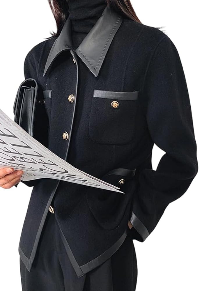 UOOZEE Women's Long Sleeve Button Down Wool Coats Faux PU Leather Jackets 2025 Blazer Outwear wit... | Amazon (US)