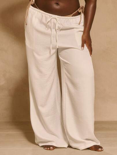 MUSERA Plus Size Mid Rise Wide Leg Drawstring Waist Elegant Cute Sexy Trousers For Vacation Beach... | SHEIN