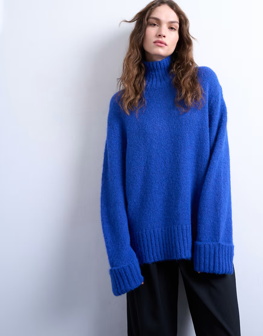 Topshop oversized high neck longline knit sweater with neck detail in blue | ASOS (Global)