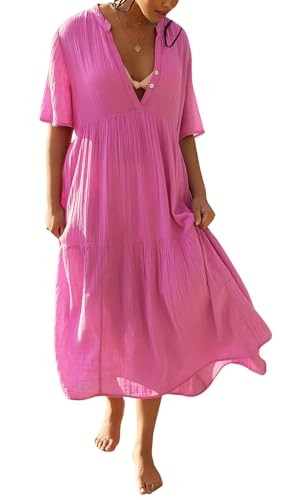 R.Vivimos Womens Summer Cotton Flowy Maxi Dress Short Sleeve V Neck Empire Waist Boho Tiered Ruff... | Amazon (US)