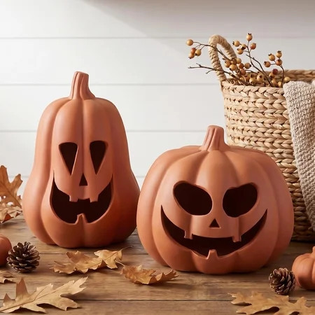 Halloween Decorations Terracotta Tone Resin Pumpkin 2 Pack Fall Decor Jack-O-Lantern Decoration Handcrafted Resin Pumpkin Halloween Tealight Holder Rustic Farmhouse Fall Home Decor For Table | Walmart (US)