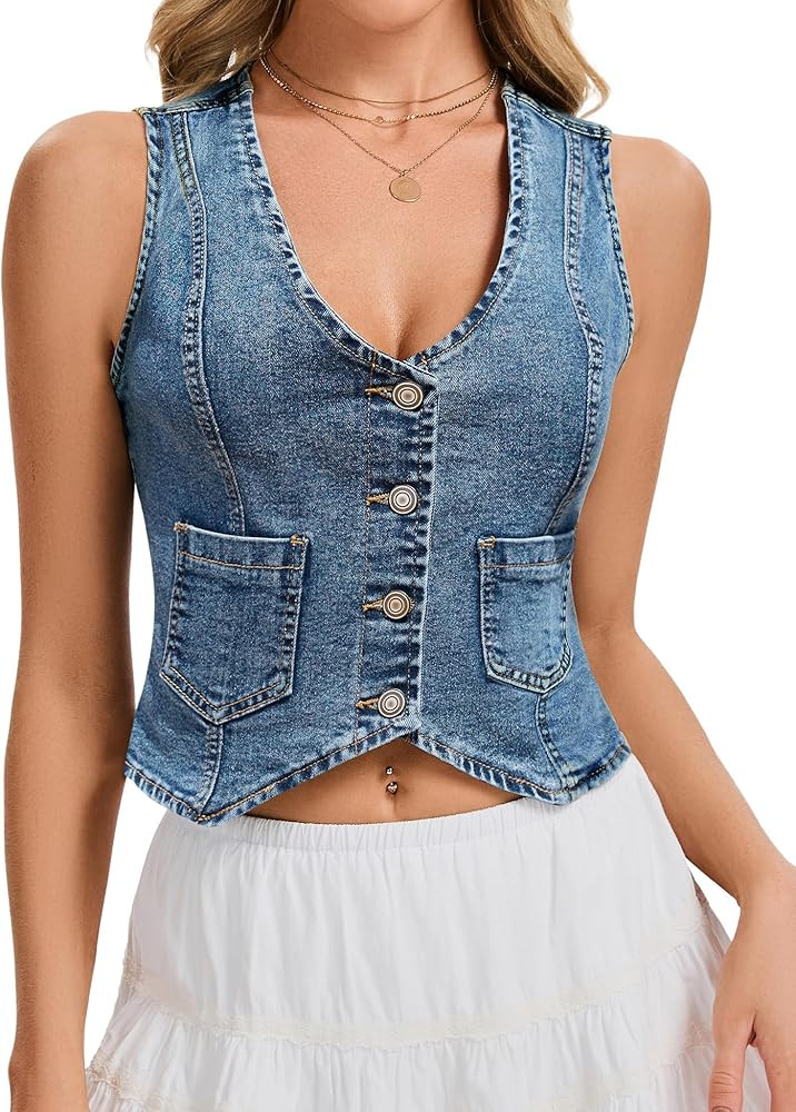 Genhoo Denim Vest Sleeveless Jean Vest Top for Women V Neck Button Down Cropped Denim Top with Po... | Amazon (US)
