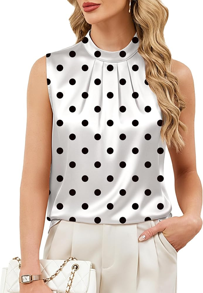 Funlingo Womens Silk Satin Tank Tops Sleeveless Camisole Mock Neck Blouses Summer Pleated Work Sh... | Amazon (US)