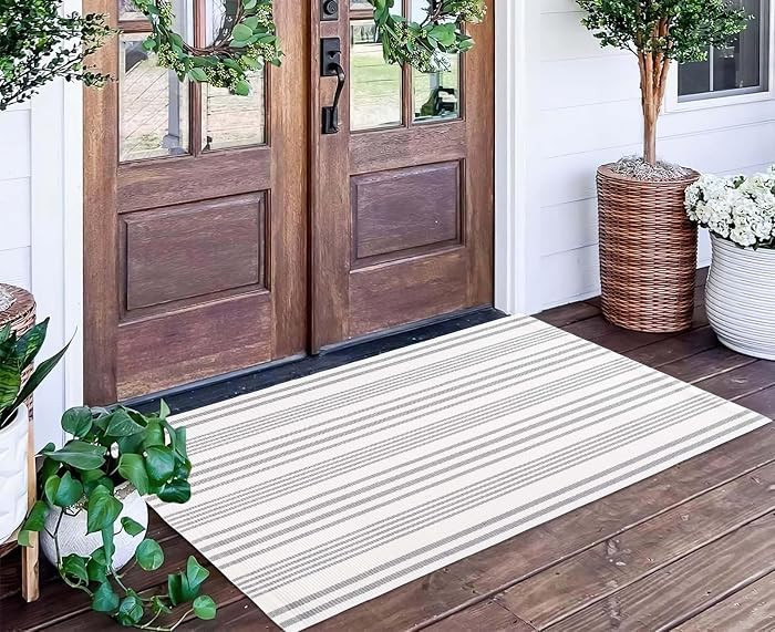 Grey and White Outdoor Rug 24"x51"Cotton Washable Striped Front Porch Rug | Amazon (US)