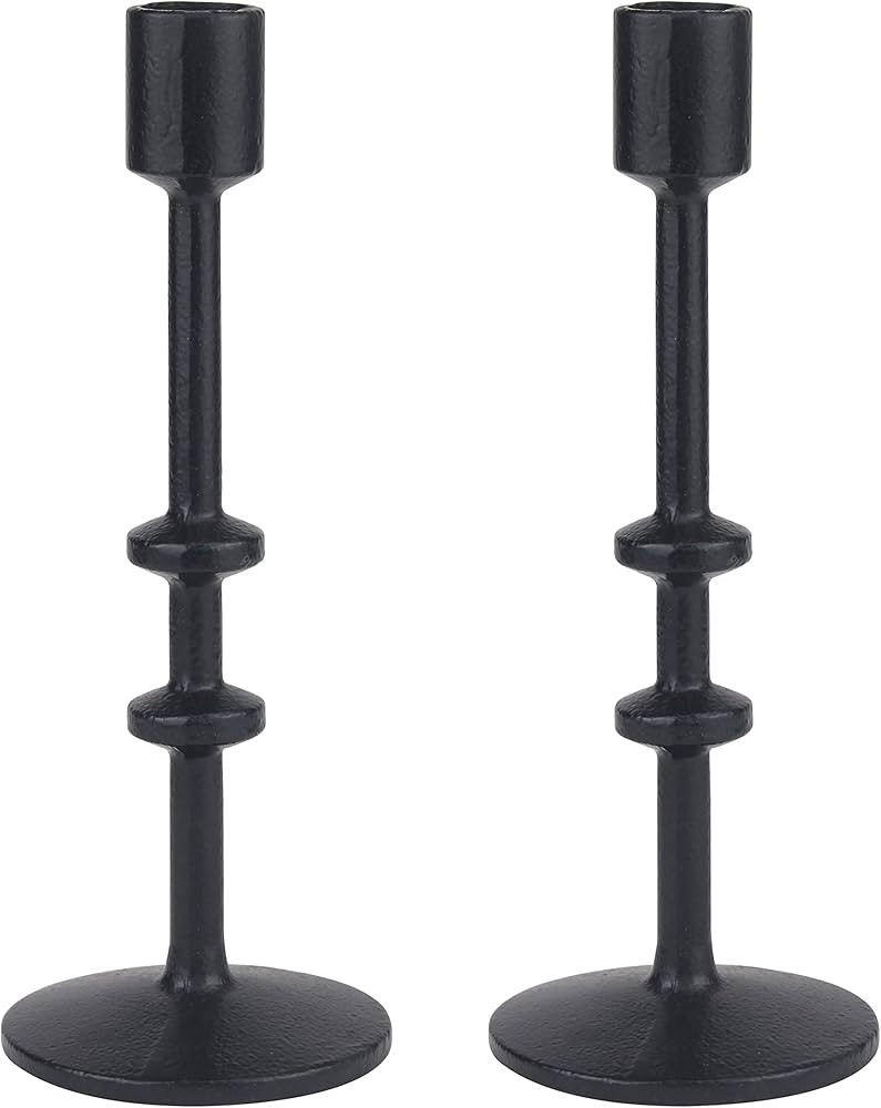 Stonebriar 9" Black Cast Iron Metal 2pc Taper Candle Holder Set, Large | Amazon (US)