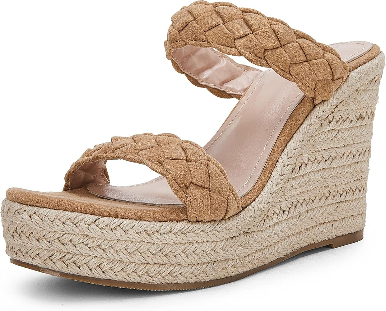 Womens Wedge Platform Sandals Espadrilles Two Strap Woven Slip On Summer Cute Slide Sandals | Amazon (US)