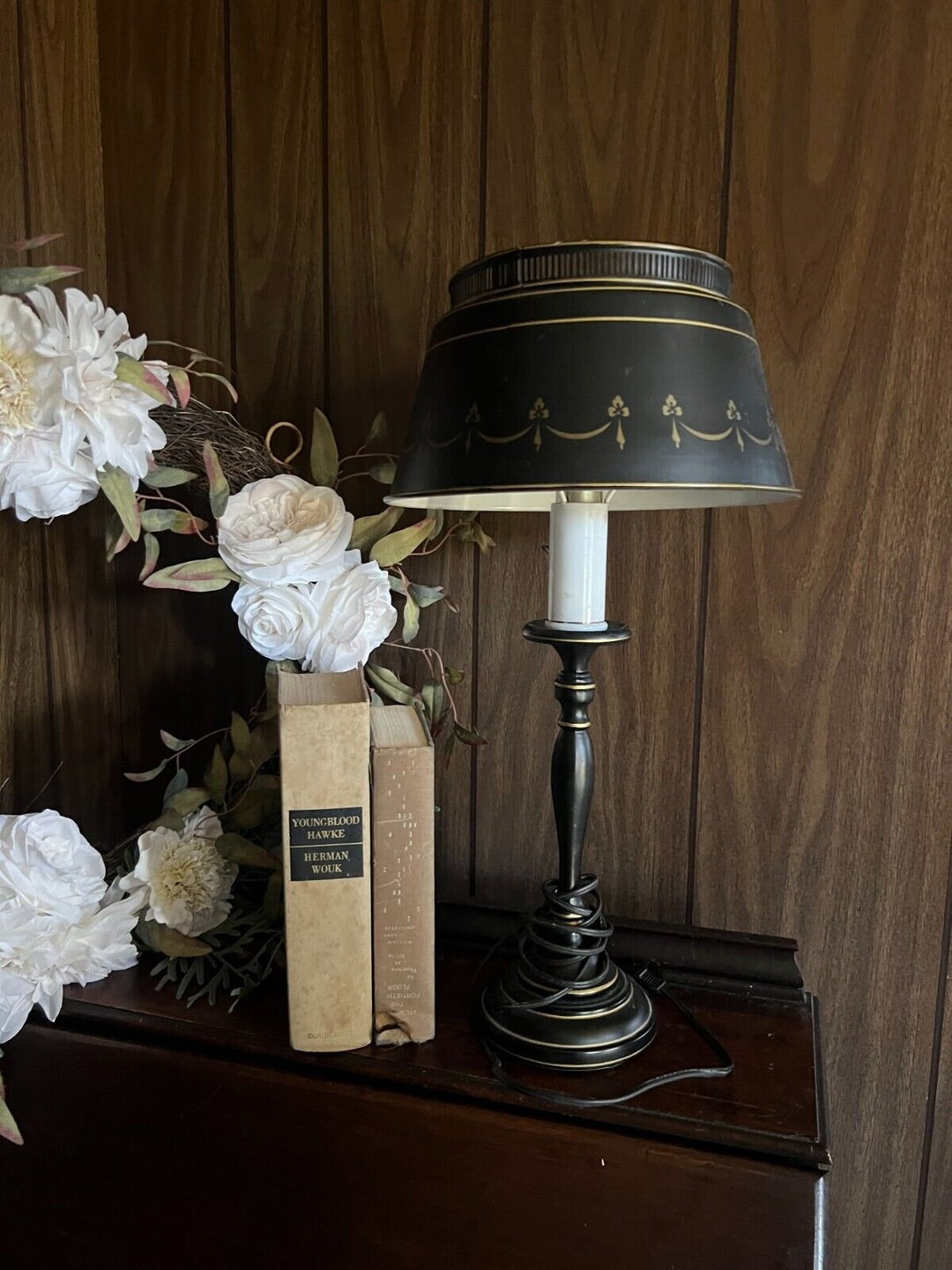 Vintage Table Lamp Black Metal Shade Hand Painted Gold Ornate - Etsy | Etsy (US)