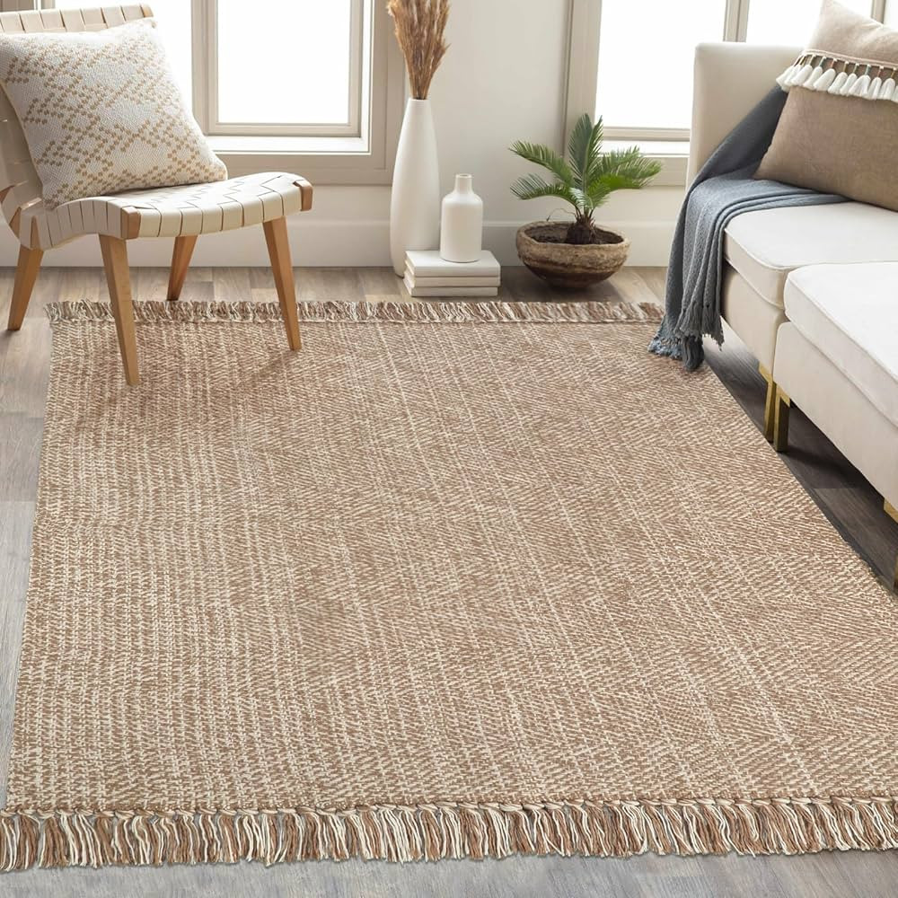 Collive Comfy Area Rug 4' x 6', Tan/Cream Woven Cotton Bedroom Rugs, Modern Indoor Accent Rug Flo... | Amazon (US)