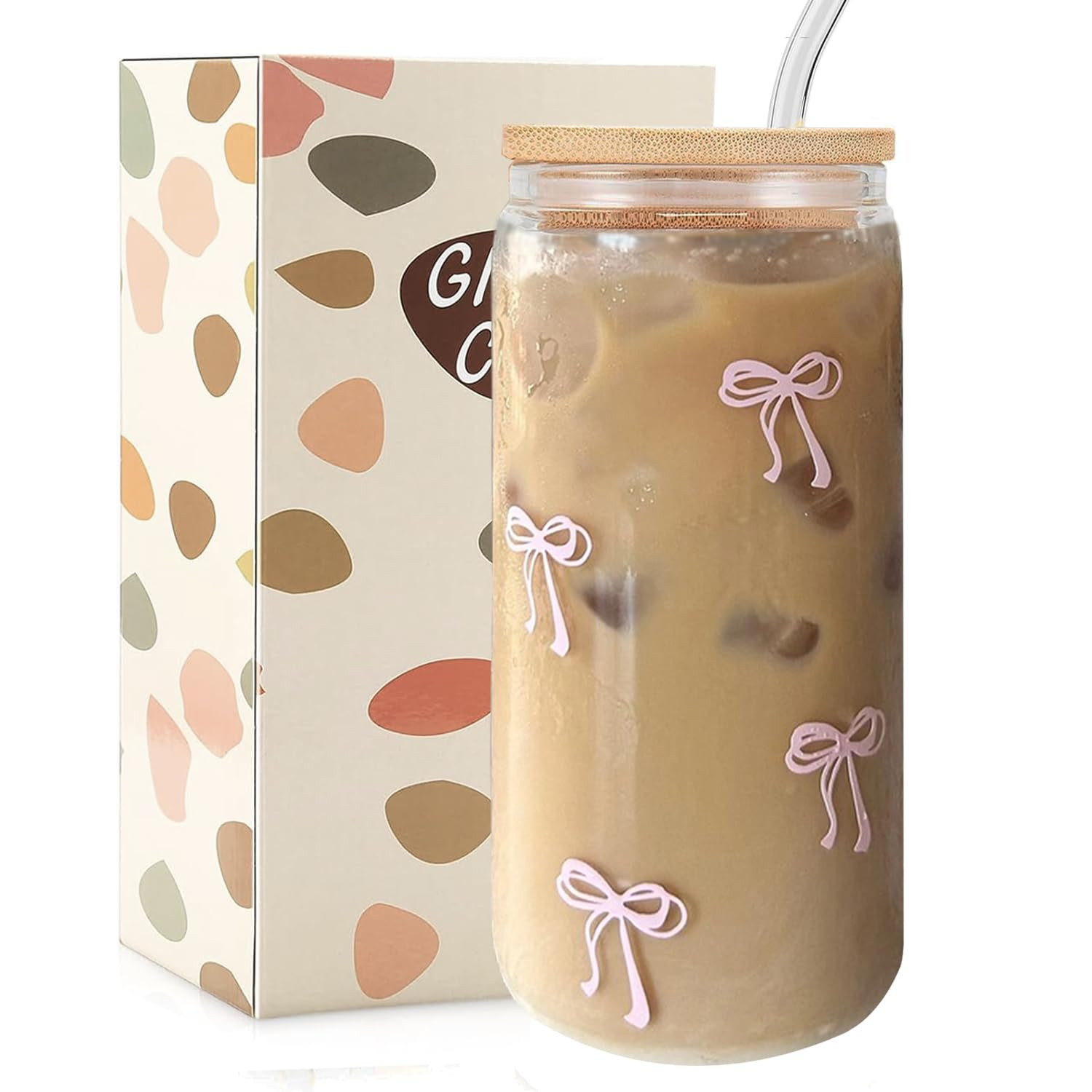 Coquette Aesthetic Glass Cups with Lids and Straws-Pink Bow Iced Coffee Cup with Lid,Straw,Cleani... | Amazon (US)