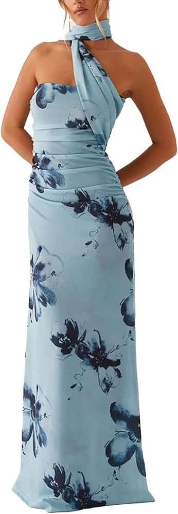 Women Summer Dress Floral Formal Wedding Guest Dress Strapless Tube Dress with Scarf Cocktail Lon... | Amazon (US)