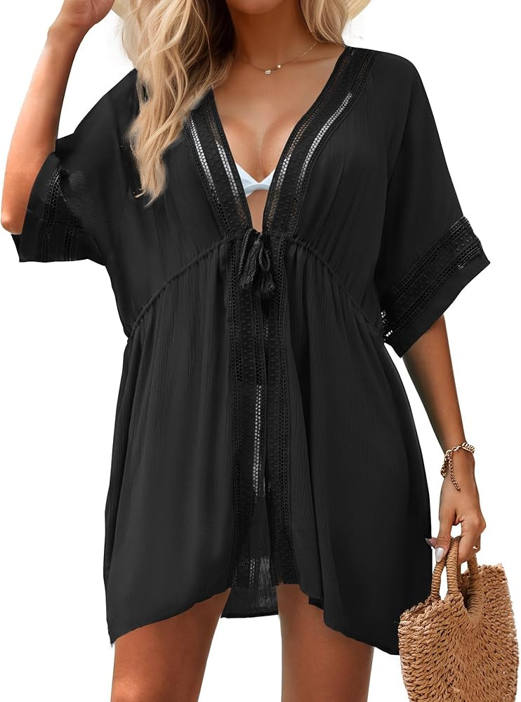 Women Swimsuit Cover Up 3/4 Bell Sleeve Boho Bathing Suit Coverups Hollow Out Kimonos Cardigans f... | Amazon (US)