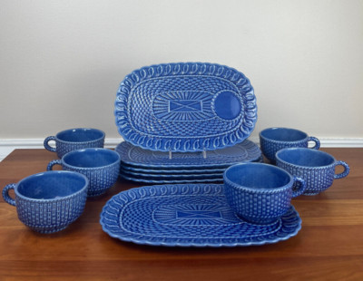 Bordallo Pinheiro BASKETWEAVE BLUE Snack Plate & Cup Set of 6: EUC | eBay US