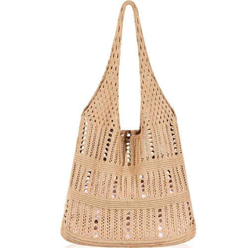 WantGor Crochet Bags, Beach Mesh Tote Bag Womens Shoulder Shopping Handbag Casual Travel Totes Bag Foldable Hobo Bags (Brownish Yellow) | Amazon (US)