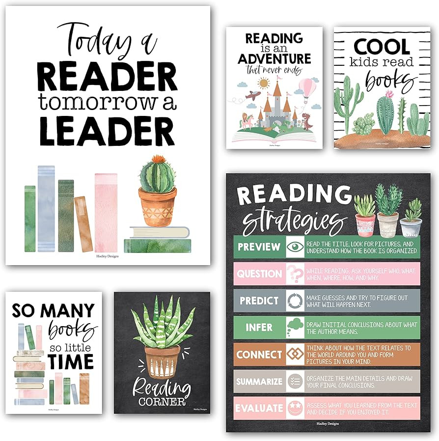 6 Cactus Reading Posters For Classroom Library Decorations For School - Reading Posters For Eleme... | Amazon (US)