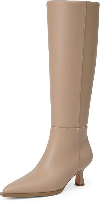 Modatope Knee High Boots Kitten Low Heel Faux Leather Pointed Toe Side Zipper Fall Long Tall Boot... | Amazon (US)