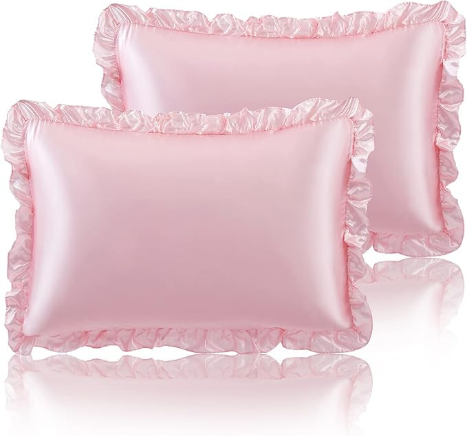 SiinvdaBZX Ruffled Queen Satin Pillowcase Set of 2, Blush Pink Silky Satin Pillow Cases for Women... | Amazon (US)